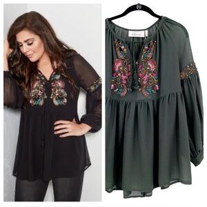 La Bellum Hillary Scott Green Beaded Boho Blouse XS Long Sleeve Festival NWT